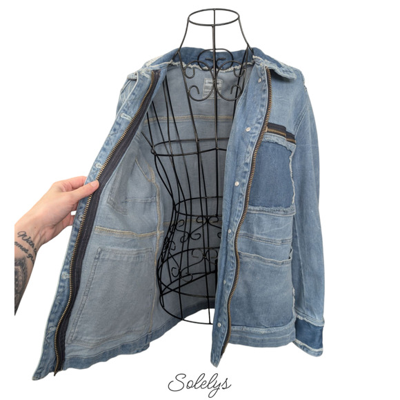 Zadig & Voltaire Kick Destroy Distressed Pocket Patchwork Blue Jean Denim Jacket - Picture 7 of 11